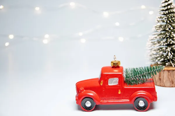 Boże Narodzenie Nowy Rok Tło Czerwonym Christmas Truck Światła Bożego — Zdjęcie stockowe