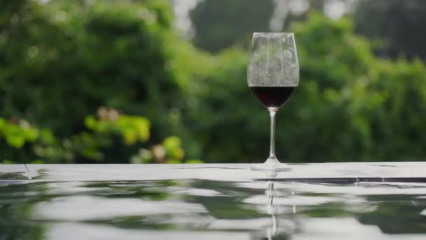 Ένα ποτήρι κρασί στέκεται στην πλευρά της πισίνας στην οποία το νερό ταλαντεύεται στο φόντο των πράσινων δέντρων στις ακτίνες του ήλιου. Ένα ημιτελές ποτήρι με αποτυπώματα. Αργή κίνηση. — Αρχείο Βίντεο