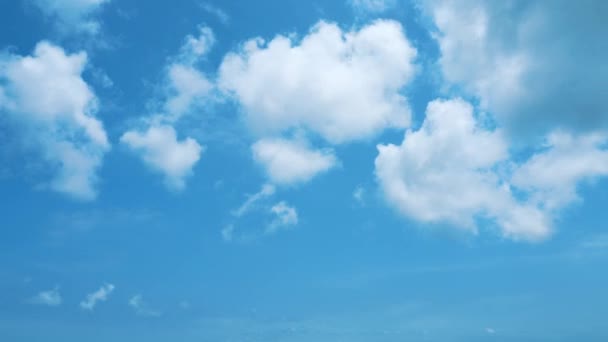 Un timelapse de un cielo azul y nubes blancas aireadas en movimiento. Texturas de nubes blancas que se forman sobre un fondo azul del cielo. Un lapso de tiempo celestial. Vista de abajo hacia arriba del cielo con nubes de movimiento rápido. — Vídeos de Stock