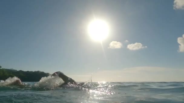 En vacker idrottsman simmar tekniskt sett i havet i solens strålar. Silhuetten av en simmare rodd hårt medan du simmar och höja ljusa stänk faller direkt in i kameran — Stockvideo