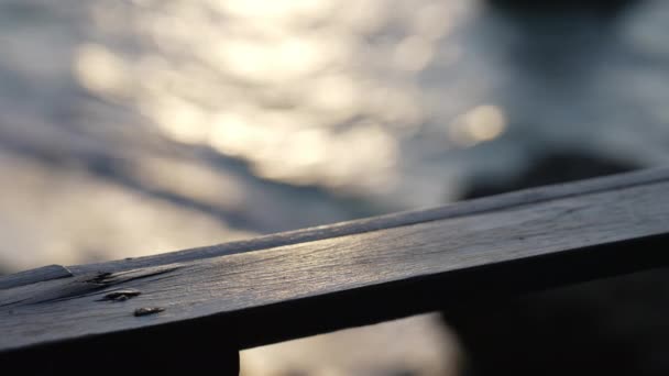 Close-up of the wooden railing of the pier, in the evening at sunset on the background of a pond with a path of solar glare. Beautiful texture of an old wooden handrail on the ocean with small waves. — Stock Video