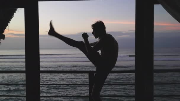 Silueta de un deportista practicando una patada, entrenando en balcón sobre fondo de cielo nocturno y océano. Atleta en pantalones cortos entrena ataques aéreos, lucha en la sombra y luego mira al mar. cámara lenta — Vídeos de Stock