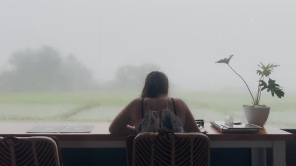 Dziewczyna siedzi przy stole w restauracji z widokiem przez szklane okno zielonych pól w ulewnym deszczu. Kobieta rysuje przy stole z ogromnym panoramicznym oknem, na które woda płynie podczas burzy. — Wideo stockowe