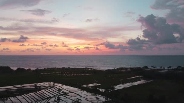 A birds-eye view of beautiful rice fields in water of which orange-red sunset sky with blue clouds is reflected. Flying a drone on the coastal zone to the ocean with a wonderful colorful sunset. — Stock video