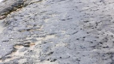 Kamera, tarağın dokusuna ve yapısına yakın büyük gri bir okyanus resifinin üzerinde hareket eder. Dalgaların vurduğu bir sahil hattıyla alçak gelgitte büyük bir kaya resifi. Kıyının taş temelleri.