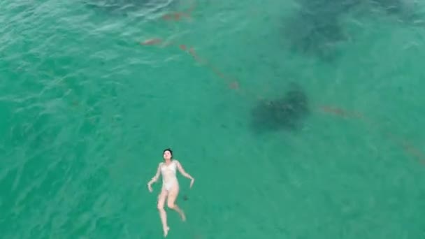 Luftaufnahme eines glücklichen asiatischen Mädchens im weißen Bikini, das im grünen Ozeanwasser mit dunklem Riff schwimmt. Ruhige sportliche Betätigung und Entspannung im warmen grünen Meer. Allein in der wilden Natur. — Stockvideo