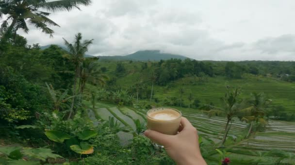커피 머그를 마시고 있는 사람의 사진같은 계단식논 을 배경으로 말이다. 관광객들은 벼 농장 과 아침에는 납작 한 흰색 커피를 구경한다. 발리의 산악 지역에 있는 쌀 재배 농장. — 비디오