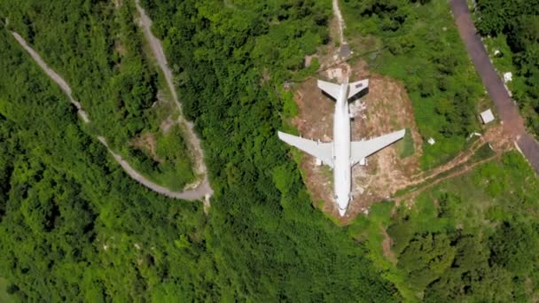 Top shot bílé letadlo na hnědé zemi v zelených tropických keřích. Pohled shora na opuštěná letadla v lese se zatáčkou. Letecký pohled na letadlo a kopce a zelená silná. — Stock video