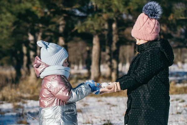 눈덮인 공원에서 겨울 산책을 하는 나이가 서로 다른 두 자매 — 스톡 사진