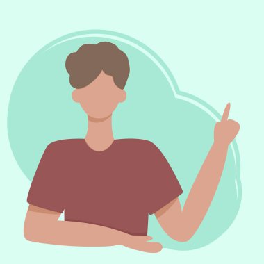 Yüzü olmayan genç bir adam senin mesajınla bilgiyi işaret ediyor. Yüzü yok. Düz biçimli vektör illüstrasyonu