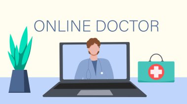 Çevrimiçi doktor danışmanlığı. Coronavirüs salgınındaki yeni norm. Uzaktan bir doktordan yardım iste. Yüzü yok, düz stil. Vektör yanılsaması