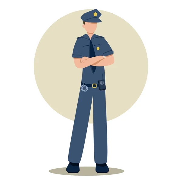 Policeman without a face in a flat style isolated on a white background. A policeman in uniform with a walkie-talkie and handcuffs. Vector illustration — Stock Vector