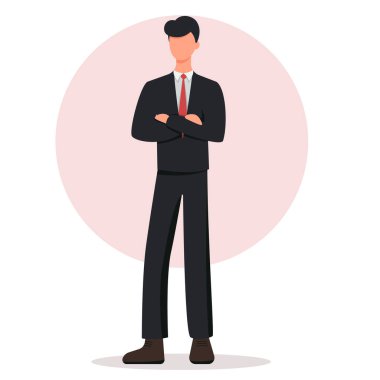 Düz stil bir erkek işadamı. Yüzü olmayan. Beyaz arka planda izole edilmiş bir iş adamı. Takım elbiseli başarılı bir adam. Vektör yanılsaması