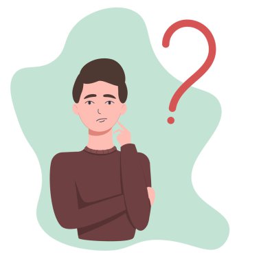 Düşünceli adam. Adam en tepede bir soru işaretiyle düşünüyor. Karakter beyaz arkaplan, düz biçim üzerinde izole edilmiştir.