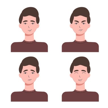 Farklı duyguları olan bir adamın portresi. Bir dizi düz çizimler. Sakin surat, mutlu, kızgın, üzgün. Adam duygularını ifade ediyor. Vektör illüstrasyonu