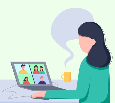 Kız bir video görüşmesi yapıyor. Uzaktan çalış. Röportaj, online video konferansı