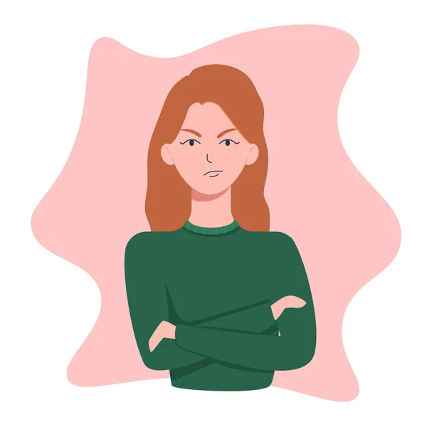 Angry girl with crossed arms. Red-haired girl with an angry expression. — Stockvektor