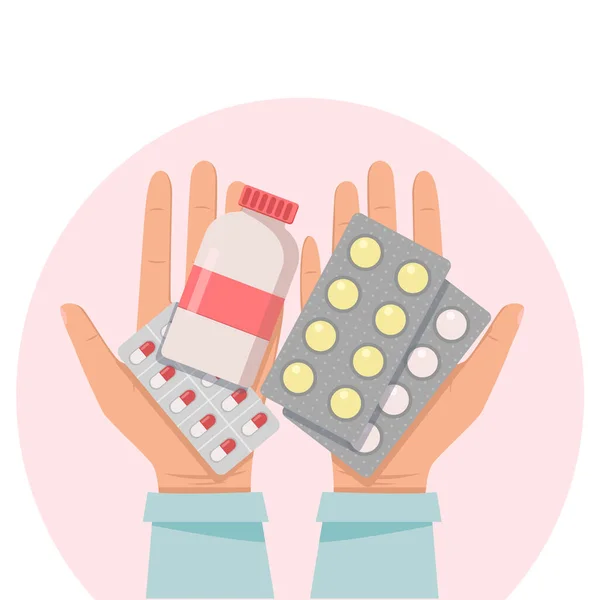 Mãos Seguram Medicamentos Dão Comprimidos Conceito Cuidados Saúde Tratamento Ilustração —  Vetores de Stock
