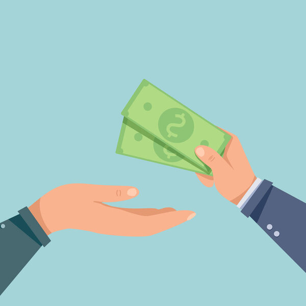 Рука дает деньги банкноты с другой стороны. Концепция денежных выплат. Выплата зарплаты. Плоский стиль.