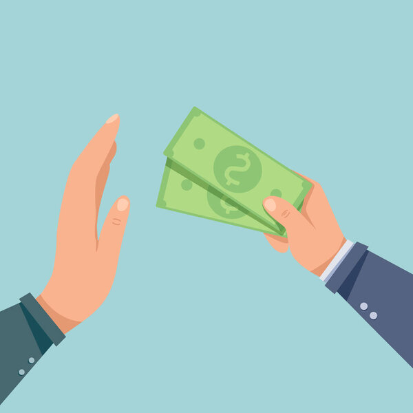 Бизнесмен дает или предлагает деньги другой руке. Отказ от коррупции. Отказ от деловой сделки. Векторная иллюстрация в плоском стиле.