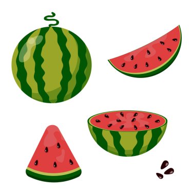Watermelon in flat style. Whole, cut and sliced watermelon. Healthy Eating.