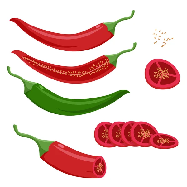 Red Green Hot Peppers Chili Peppers Whole Cut Isolated White — Stockvektor