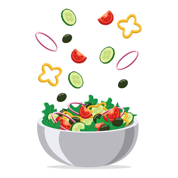 Fresh salad in a plate isolated on a white background. Chopped vegetables fall into a plate with salad. flat style.