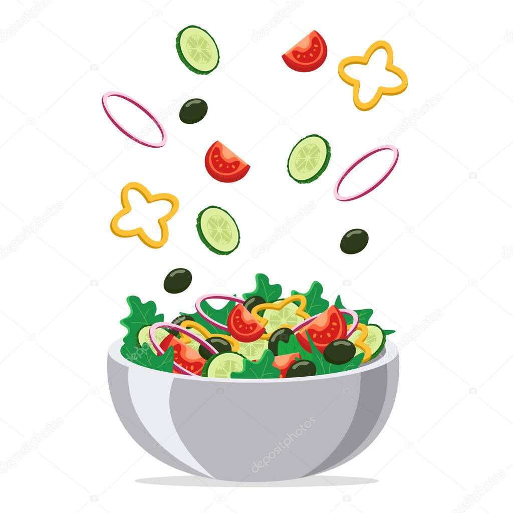 Fresh salad in a plate isolated on a white background. Chopped vegetables fall into a plate with salad. flat style.