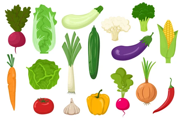 Large Set Vegetables Isolated White Background Flat Style — Image vectorielle