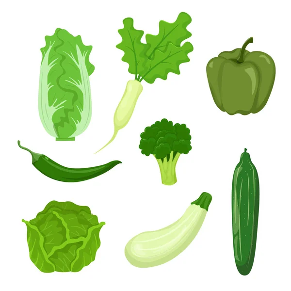 Set Green Vegetables Isolated White Background — Stock Vector