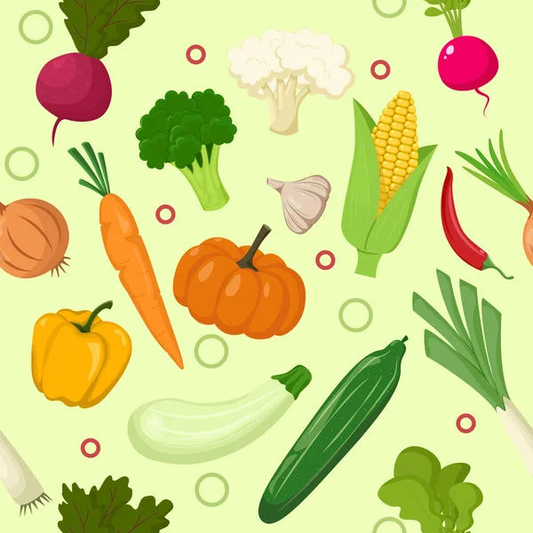 Απρόσκοπτη Μοτίβο Ένα Ανοιχτό Πράσινο Φόντο Διαφορετικά Λαχανικά — Διανυσματικό Αρχείο