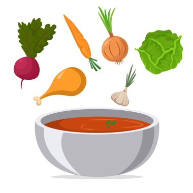Borscht and ingredients for borscht isolated on white background. flat style.