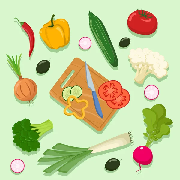 Vegetables Cut Board Various Vegetables Lie Table Flat Style — Vector de stock