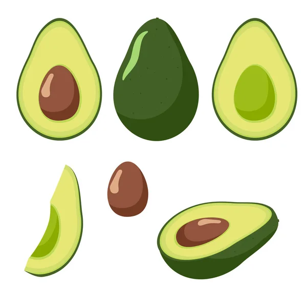Avocado Whole Cut Isolated White Background Flat Style — Vettoriale Stock