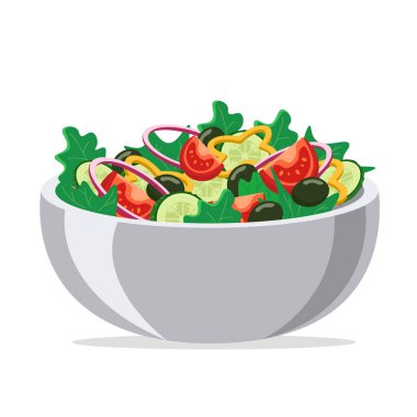 Salad in a large toe isolated on a white background. Salad of fresh vegetables and olives, healthy food. flat style.