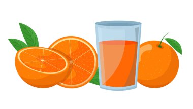 Natural freshly squeezed orange juice. Cut orange. Isolated on a white background. flat style.