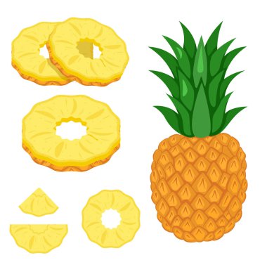 Pineapple whole and cut isolated on white background. flat style.