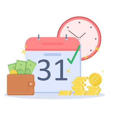 Timely payment of salaries. Wallet full of money next to the calendar. Isolated on a white background in a flat style