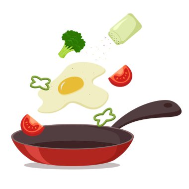 Fried eggs with vegetables fall into the pan. Isolated on white background, flat style.
