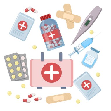 Düz arkaplanda izole edilmiş içerik içeren ilk yardım kiti.