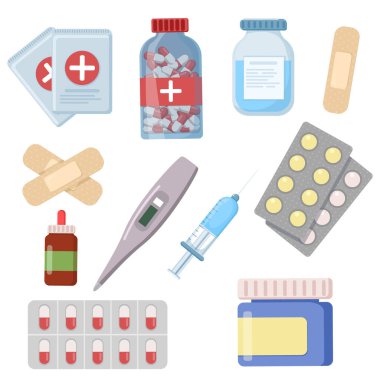 Tıbbi set. İlk yardım çantasının bileşimi. düz biçim.