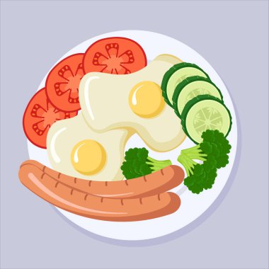 Sağlıklı ve lezzetli bir kahvaltı. Tabakta sosis ve sebzeli sahanda yumurta. düz biçim.