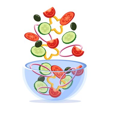 Cam tabakta salata. Sebzeler, beyaz arka planda izole edilmiş salatanın tabağına düşer. düz biçim.