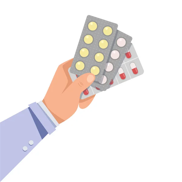 Médicos Mão Segurando Pílulas Isoladas Fundo Branco Estilo Plano — Vetor de Stock