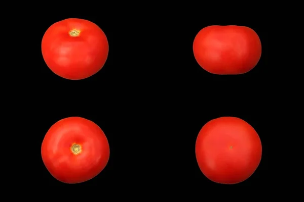 Quatro Tomates Vermelhos Diferentes Foreshortenings Fundo Preto — Fotografia de Stock