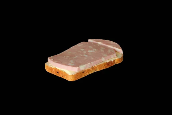Sandwich Van Wit Brood Boter Gekookte Worst Zwarte Achtergrond Rechts — Stockfoto