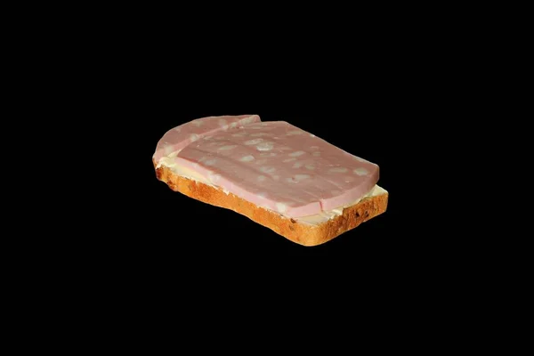 Sandwich Van Wit Brood Boter Gekookte Worst Zwarte Achtergrond Linkerzijde — Stockfoto