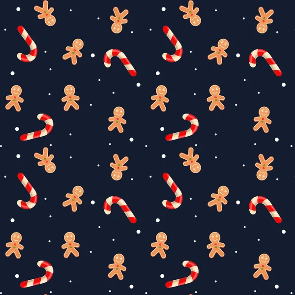 Seamless Dark Blue Pattern Christmas Candies Gingerbread Vector Illustration Background — Stock Vector