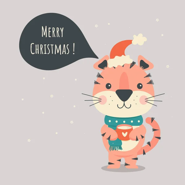 老虎手里拿着一个红杯 红杯上有一颗心 戴着圣诞老人的帽子和一条绿色的围巾 祝圣诞快乐 2022年的象征是一只可爱的老虎 根据中国的占星术 卡通风格动物的矢量图解 — 图库矢量图片