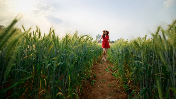 Feliz Jovem Asiático Bonito Mulher Vestindo Vermelho Vestido Aproveitando Caminhando — Fotografia de Stock